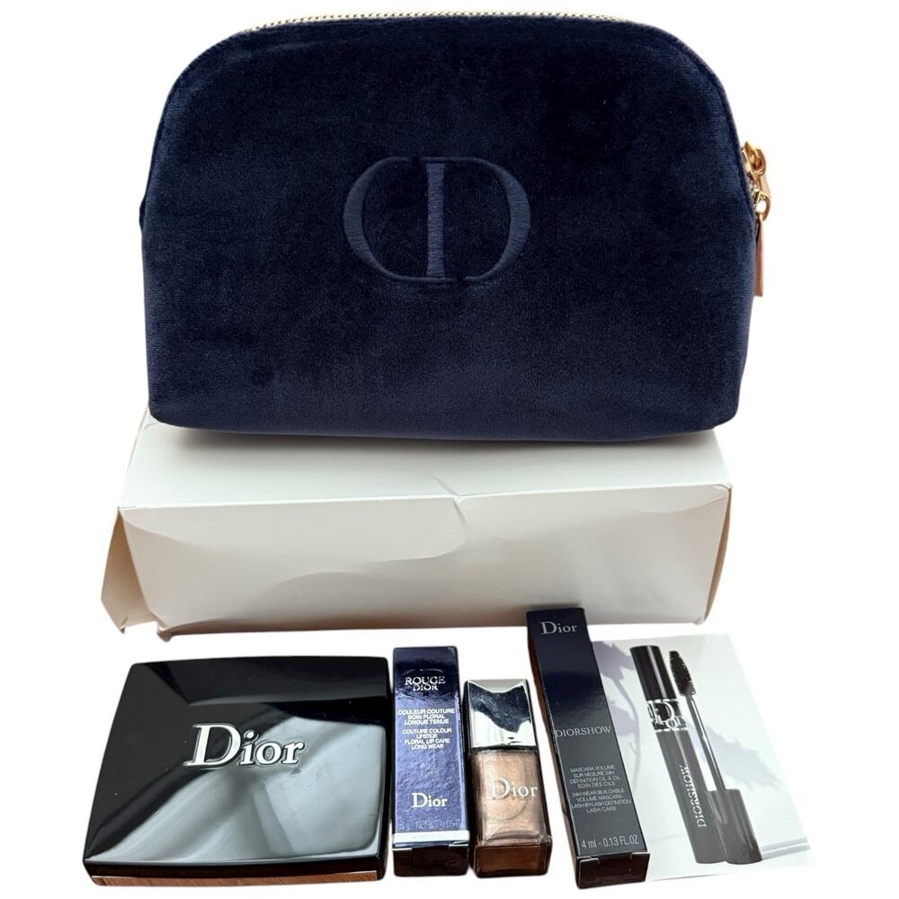 DIOR Makeup Bag Navy Blue Velvet Travel Case Blush Lipstick Mascara Nail Polish